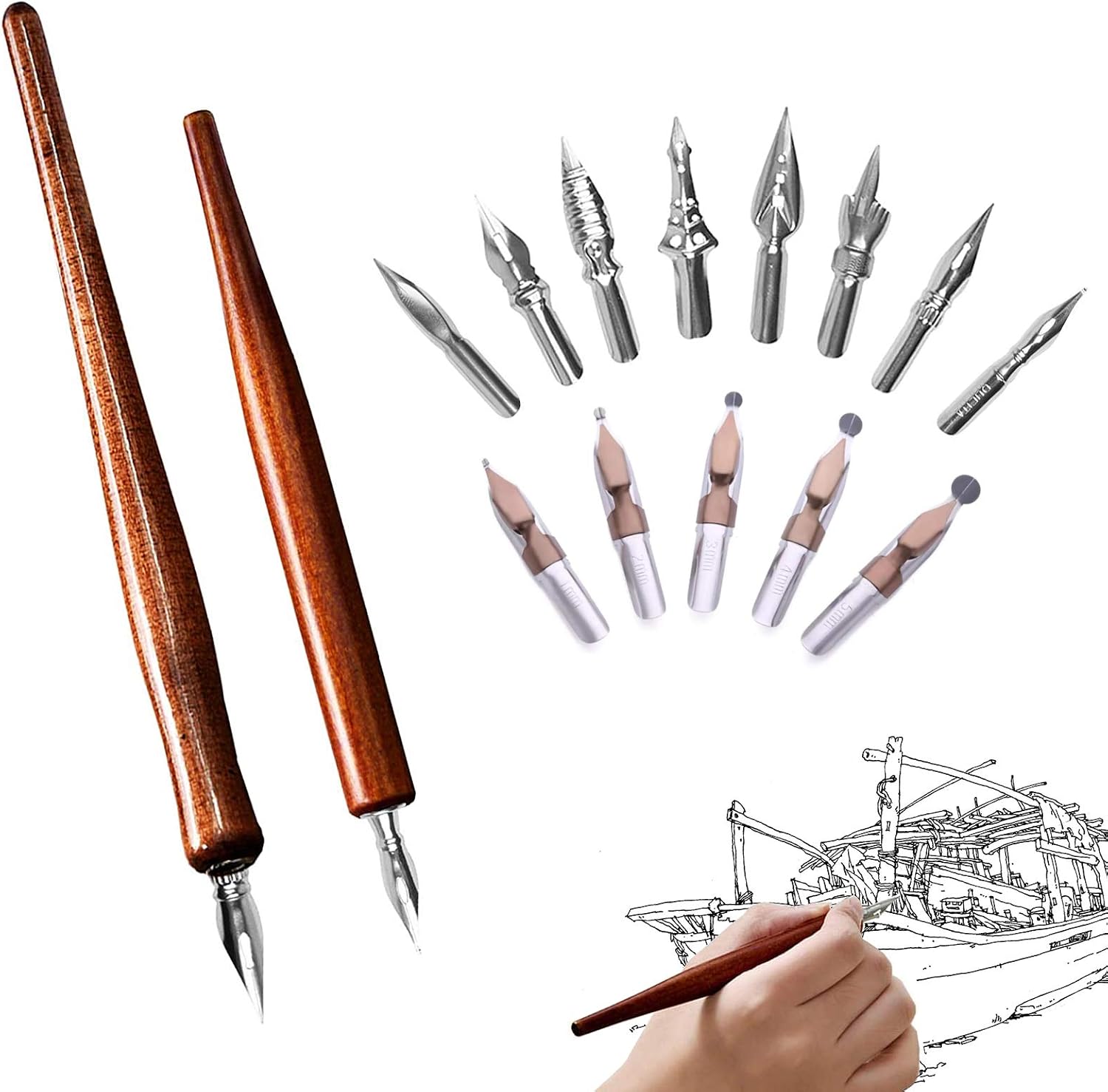 Comic Dip Pen, Calligraphy Dip Pen Including 2 Pen Holders and 13 Nibs, Dip Pens for Artists, Ideal for Painting Animation Calligraphy Lettering Sketch Cartoonists(Burning Wood Color)