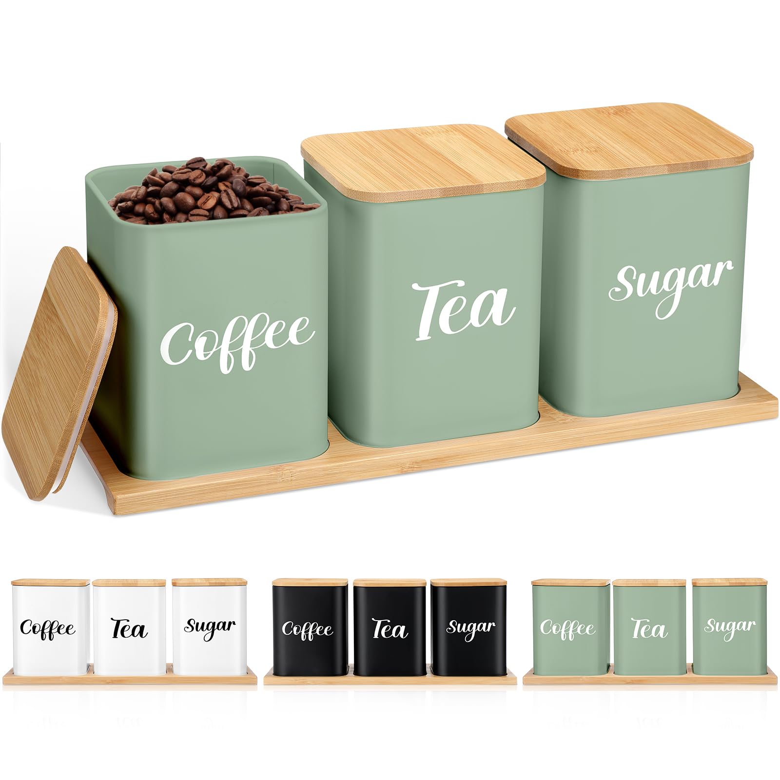 Photo 1 of Tioncy Coffee Tea Sugar Container with Tray Set of 3 Airtight Metal Canister with Bamboo Lid Tray for Kitchen Counter Dining Room Farm House Kitchen Style Drink Station Organizer Set (Sage Green)