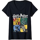 Womens Harry Potter House Crests Panels V-Neck T-Shirt
