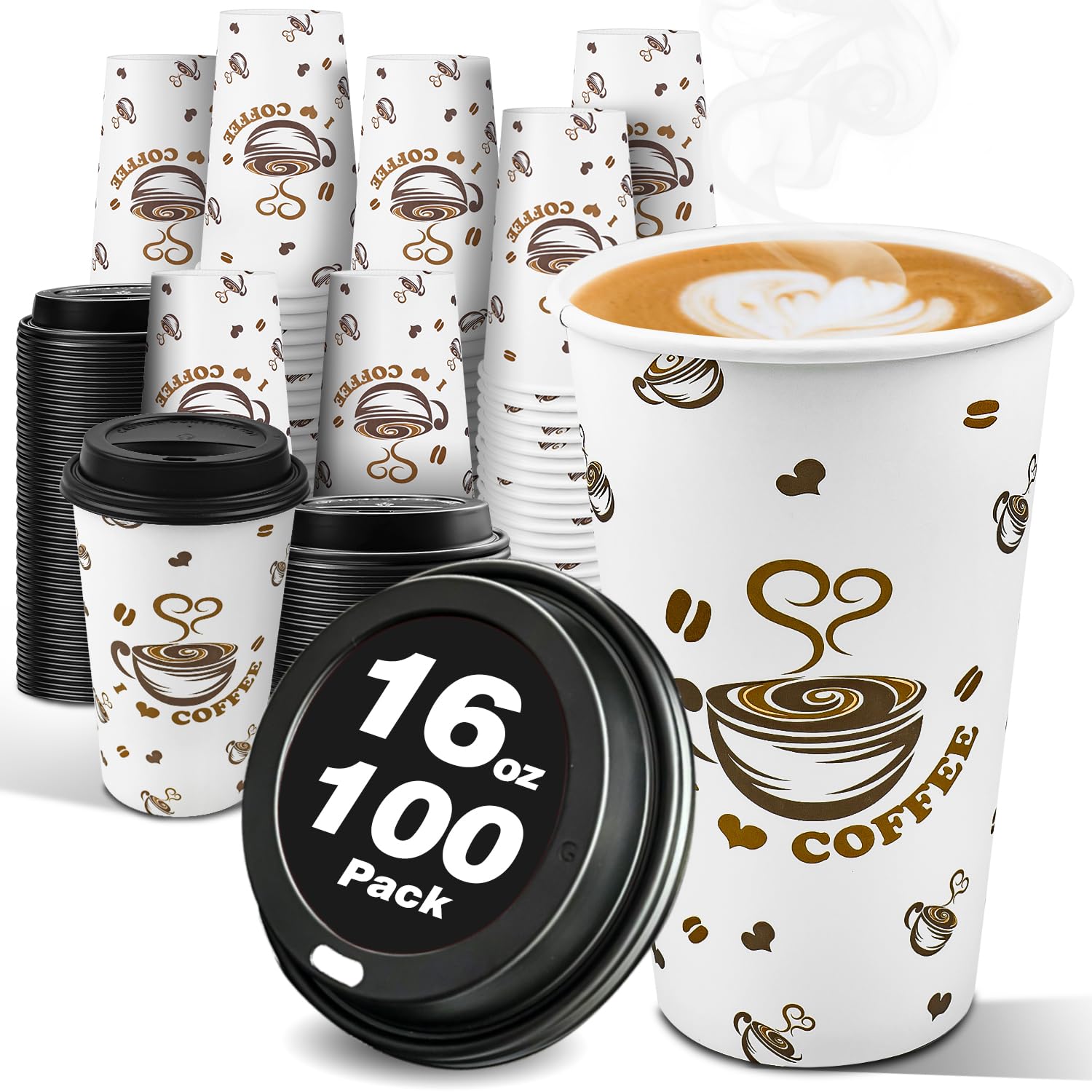 Ginkgo 100 Pack Disposable Paper Coffee Cups with Lids 16 oz, To Go Hot ...