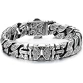 COOLSTEELANDBEYOND Men's Stainless Steel Norse Scroll Curb Chain Bracelet, Antique Celtic Warrior Bangle, Embossed Relic-Style Jewelry Gift for Him