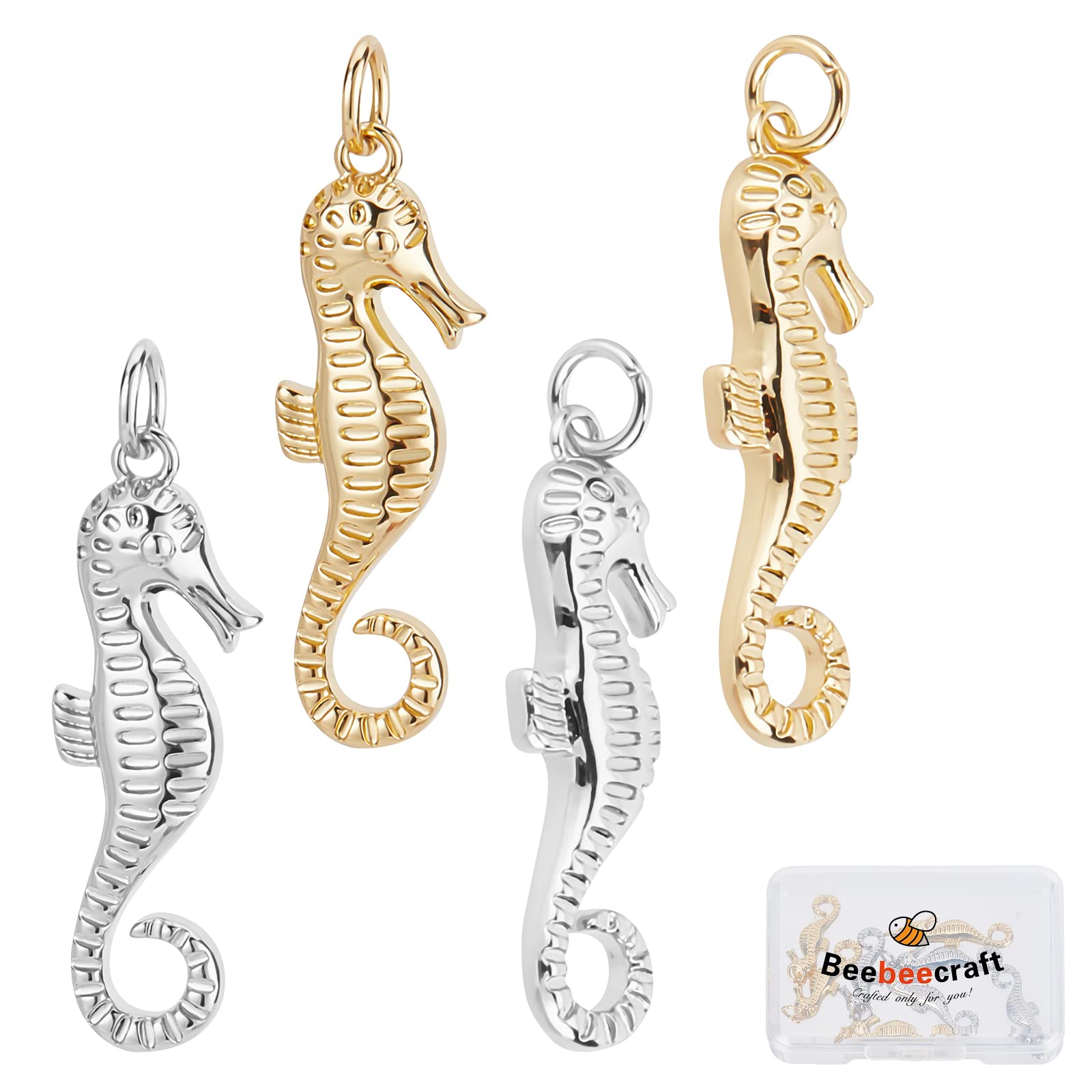 Beebeecraft 8Pcs/Box 2 Colors Sea Horse Charms 18K Gold& Platinum Plated Brass Ocean Creatures Animal Dangle Pendants with Jump Ring for DIY Jewelry Making