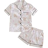 MyFav Girls Pajama Set Short Sleeve Button Down Silky Satin Girls PJS Kids Sleepwear Summer Nightwear Loungewear Set