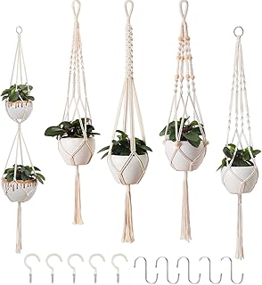5er Set Makramee Blumenampel, Boho Deko Baumwollseil Hängeampel Blumentopf Pflanzen Halter Aufhänger für Innen Außen Decken Balkone Wanddekoration (Beige)