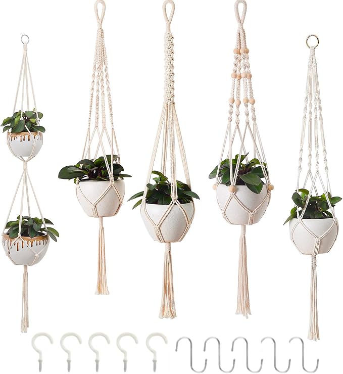 XXXFLOWER Makramee-Pflanzenaufhänger Set – 3 Stück, Mit Haken, Handgewebt Aus Baumwolle, Boho-Deko