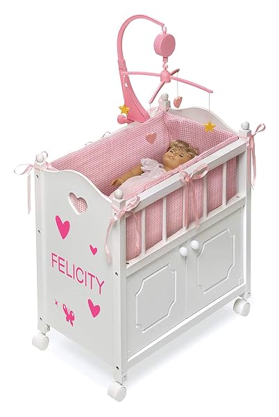 BADGER BASKET WOODEN TOY DOLL BED WITH STORAGE, MOBILE, AND BEDDING TO PRETEND AND PLAY – INCLUDES WHEELS AND FREE PERSONALIZATION KIT – WHITE WITH PINK GINGHAM FABRIC