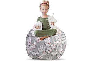 Creative QT Stuff ’n Sit Extra Large 38’’ Bean Bag Storage Cover for Stuffed Animals & Toys, Giant Bean Bag Chair for Plush, Toddler & Kids Bedroom Organizer, Grey Floral, Stuffed Animal Storage Cover