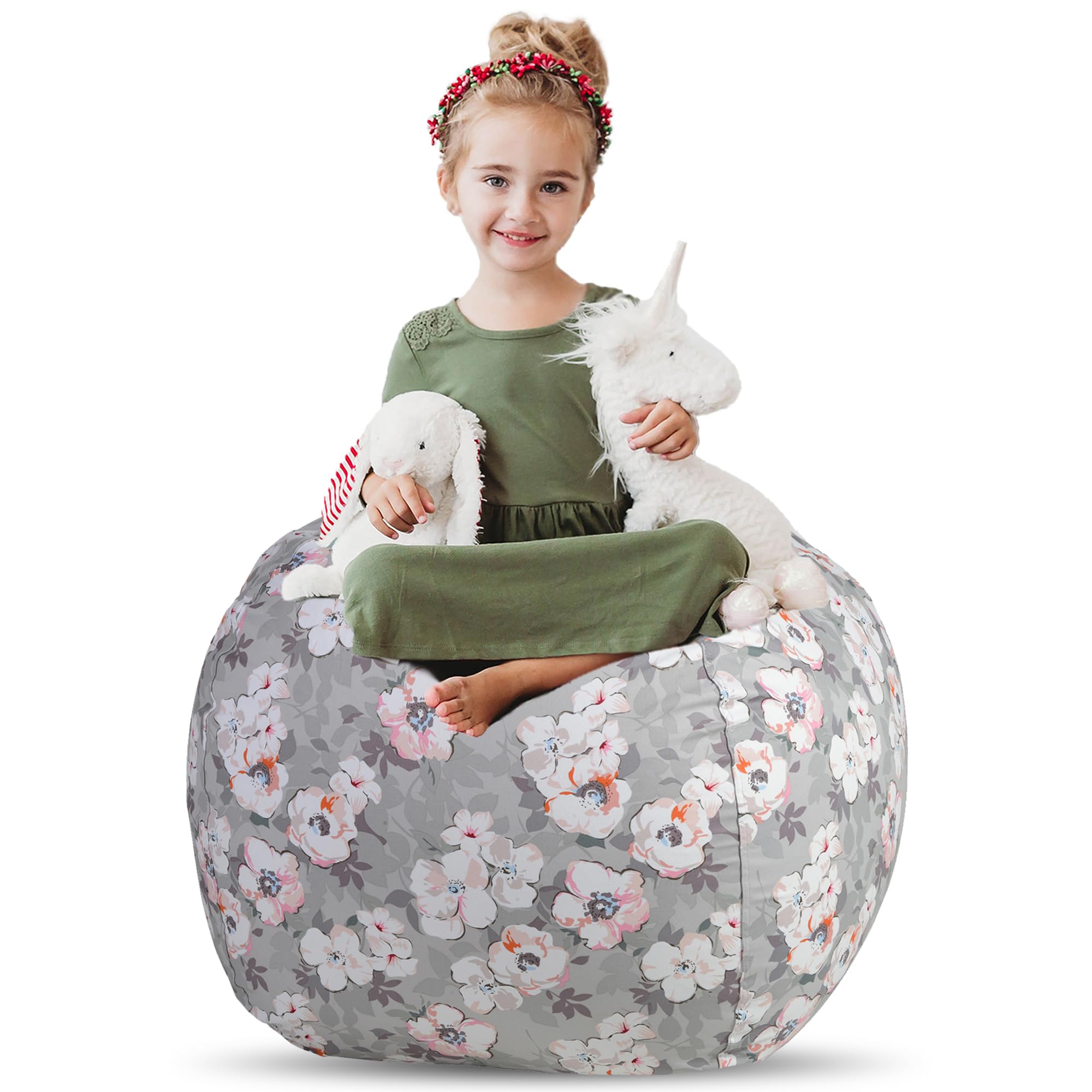 Photo 1 of Creative QT Stuff ’n Sit Extra Large 38’’ Bean Bag Storage Cover for Stuffed Animals & Toys, Giant Bean Bag Chair for Plush, Toddler & Kids Bedroom Organizer, Grey Floral, Stuffed Animal Storage Cover