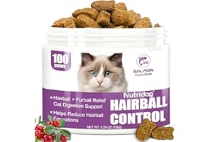 Nutridog Hairball Treats for Cats - Hairball Remedy Chews with Omega 3&6, Psyllium Husk, Zinc & Biotin - Salmon Flavor for Hairball Control, Digestive Health & Skin Support, 100ct (ND-044)