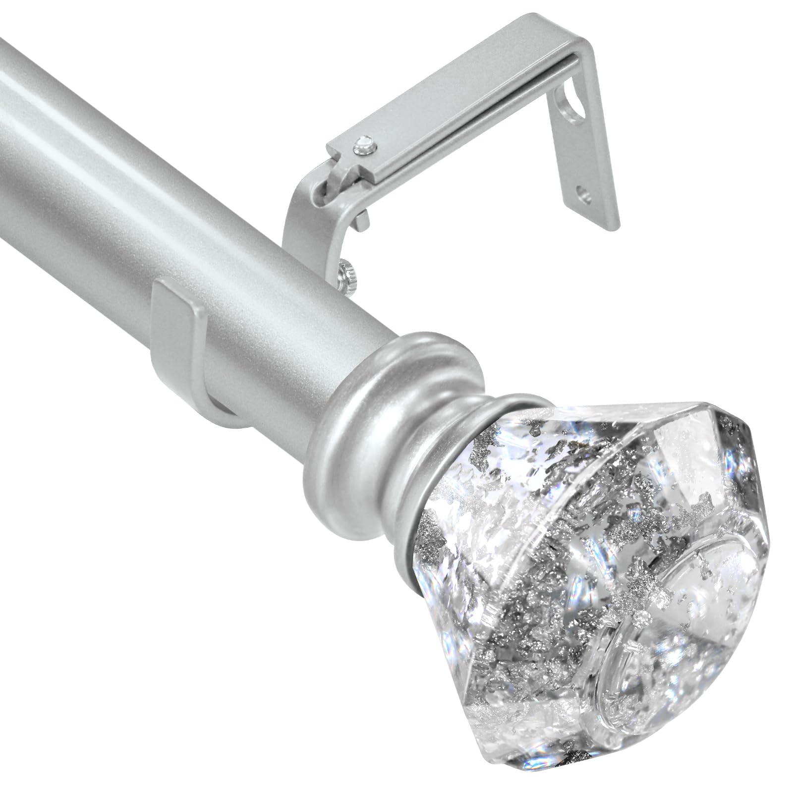 Ycolnaefllr Curtain Poles 46 to 114cm, Crystal Curtain Poles for Eyelet Curtains, Modern Decorative Heavy Duty Adjustable Curtain Rod for Living Room, Dining Room,Bedroom, Crystal Finials Silver