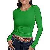 Roselux Womens Long Sleeve Stretch Crewneck Ribbed Knit Fitted Crop Top Casual Basic Shirts
