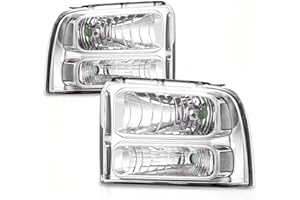 PIT66 Headlights Assembly Compatible with 2005-2007 Ford F250 F350 F450 F550 Super Duty/ 2005 Excursion,(Not Fit Sealed Beam Headlight model) Headlamp Clear Lens Chrome Housing Clear Reflector