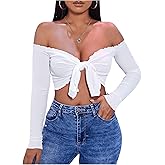 WDIRARA Women's Off Shoulder Tie Front Knot Lettuce Trim Long Sleeve Sexy Crop Top