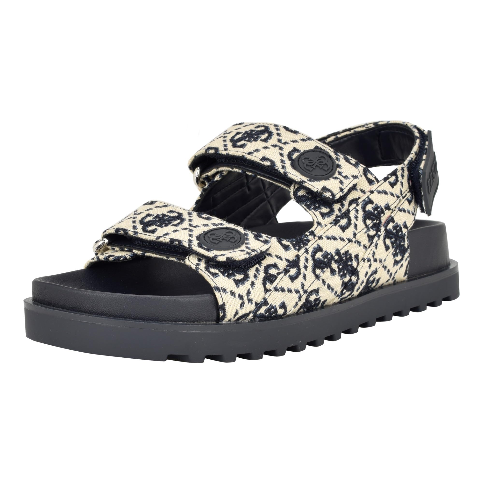 Photo 1 of GUESS Women's FADEY Flat Sandal, Ivory/Dark Blue Logo Multi, 5