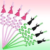Honeydak 24 Pcs Wick Party Favors Witch Princess Reusable Crazy Straws Pink and Green Plastic Drinking Straws Bulk for Wizard Theme Birthday Party Cup Decorations Supplies Fun Gifts