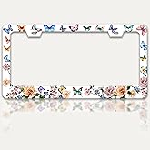 Colorful Butterfly Flowers License Plate Frame Beautiful Butterflies License Plate Holders Funny Stainless Steel Auto Accessory Bracket 2 Hole With Screws Universal Us Car License Plate Frames 6x12 In