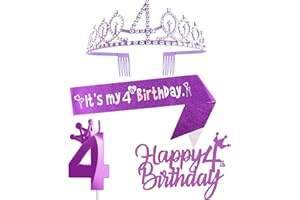 YIRAN Purple 4th Birthday Decorations for Girl - Includes Crown, Sash, Cake Toppers, Number 4 Candles