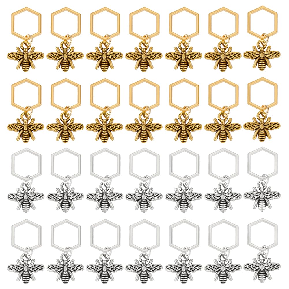 BENECREAT 40Pcs Antique Silver & Golden Bee Stitch Markers, Alloy Tibetan Style Bee Pendant with Hexagon Linking Rings Locking Stitch Marker for Knitting and Crocheting