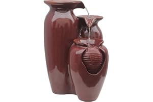 Teamson Home Jar 3 Tiered Floor Waterfall Fountain with Pump for Outdoor Patio Garden Backyard Decking, 20 Inch Height, Brown
