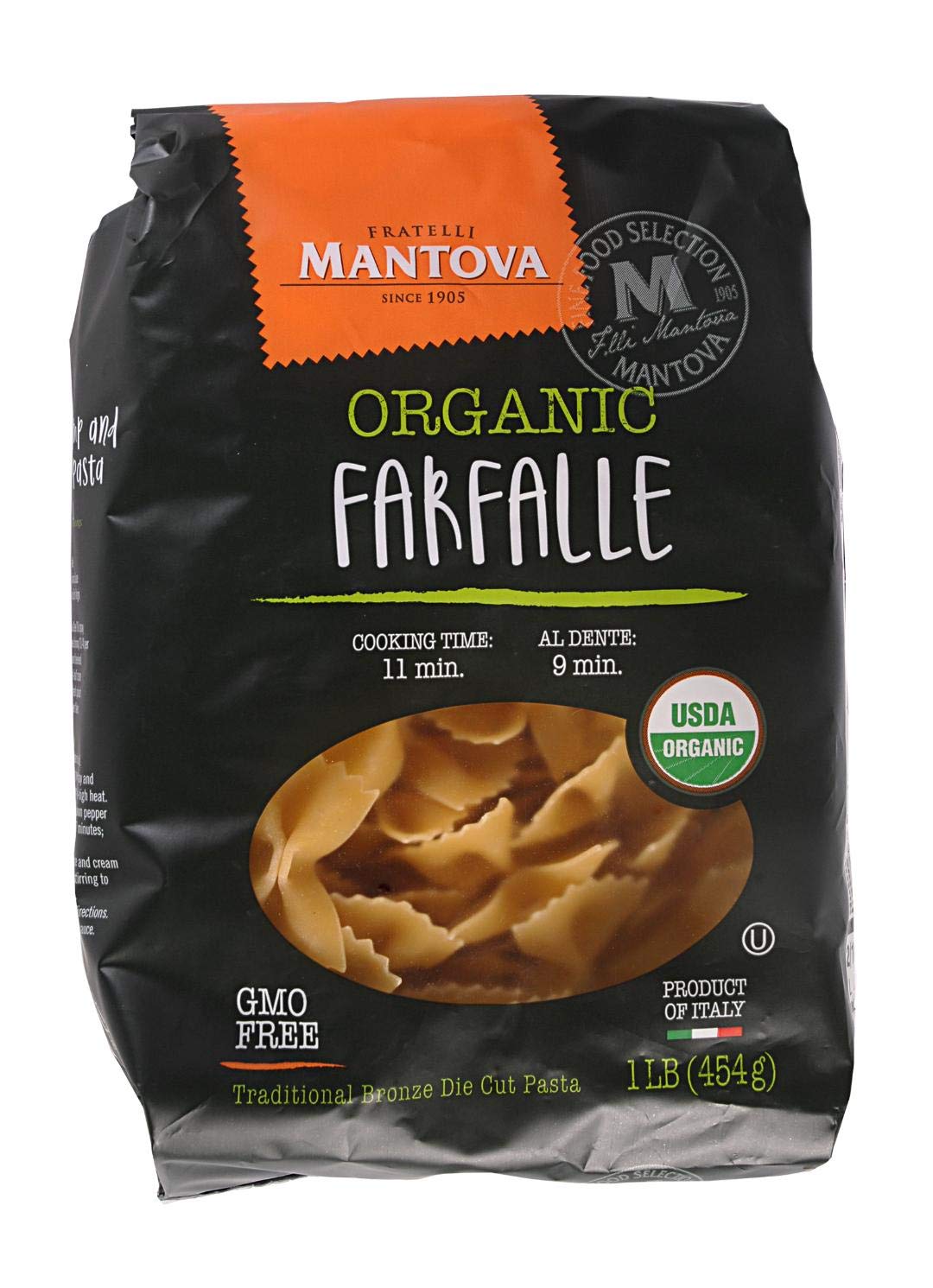 Mantova Italian Organic Pasta Bowtie Farfalle - 100% Durum Semolina Organic Farfalle -Product Of Italy, 1 Pound, (Pack of 6)USDA Organic