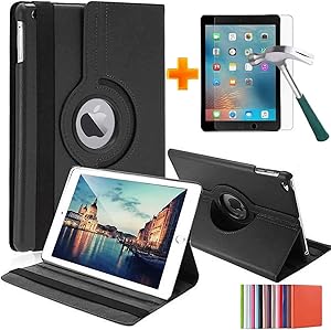 HualuBro Case for iPad 10.2 2019 (7th Generation), 360 Degree Rotating PU Leather Stand Protective Case Cover with Tempered Glass Screen Protector for Apple iPad 7th Gen 2019 (Black)