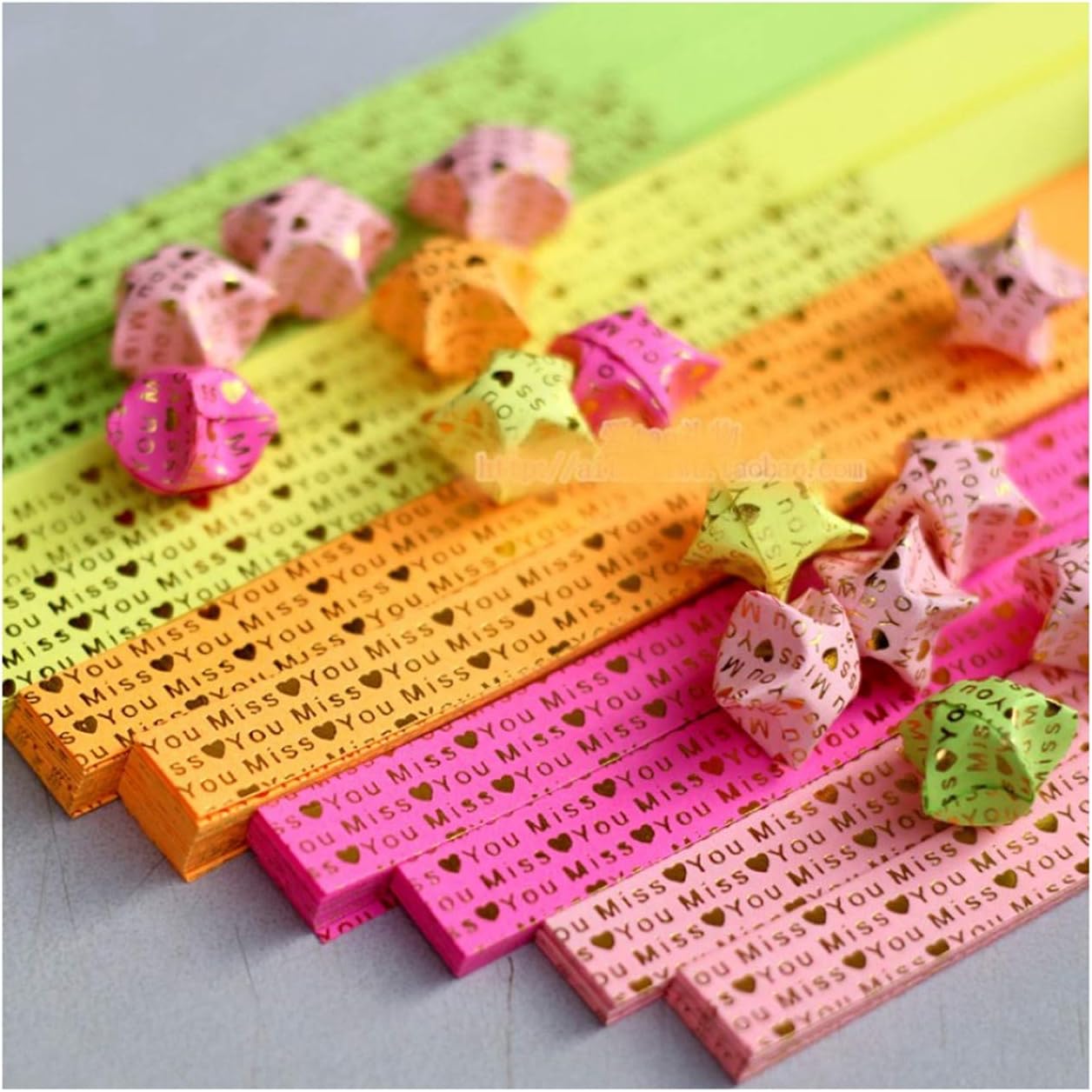 50Pcs Handcraft Origami Lucky Star Paper Strips Quilling Printed"Miss You" Mix Color