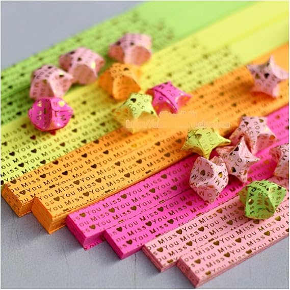 50Pcs Handcraft Origami Lucky Star Paper Strips Quilling Printed"Miss You" Mix Color