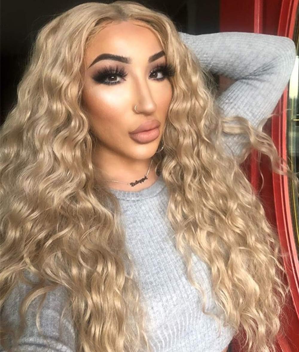Swetcurly Kanekalon Heat Resistant Fiber 13x6 Lace Front Wigs Natural Wave Glueless Synthetic Wigs For Black Women Long Loose Curly with Baby Hair 103-3# Blonde 22 Inch