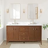 HOMEBEYOND 60" Bathroom Vanity with Double Sink, Solid Wood Bathroom Vanity Free-Standing Cabinet, Ceramic Top & Soft Closing