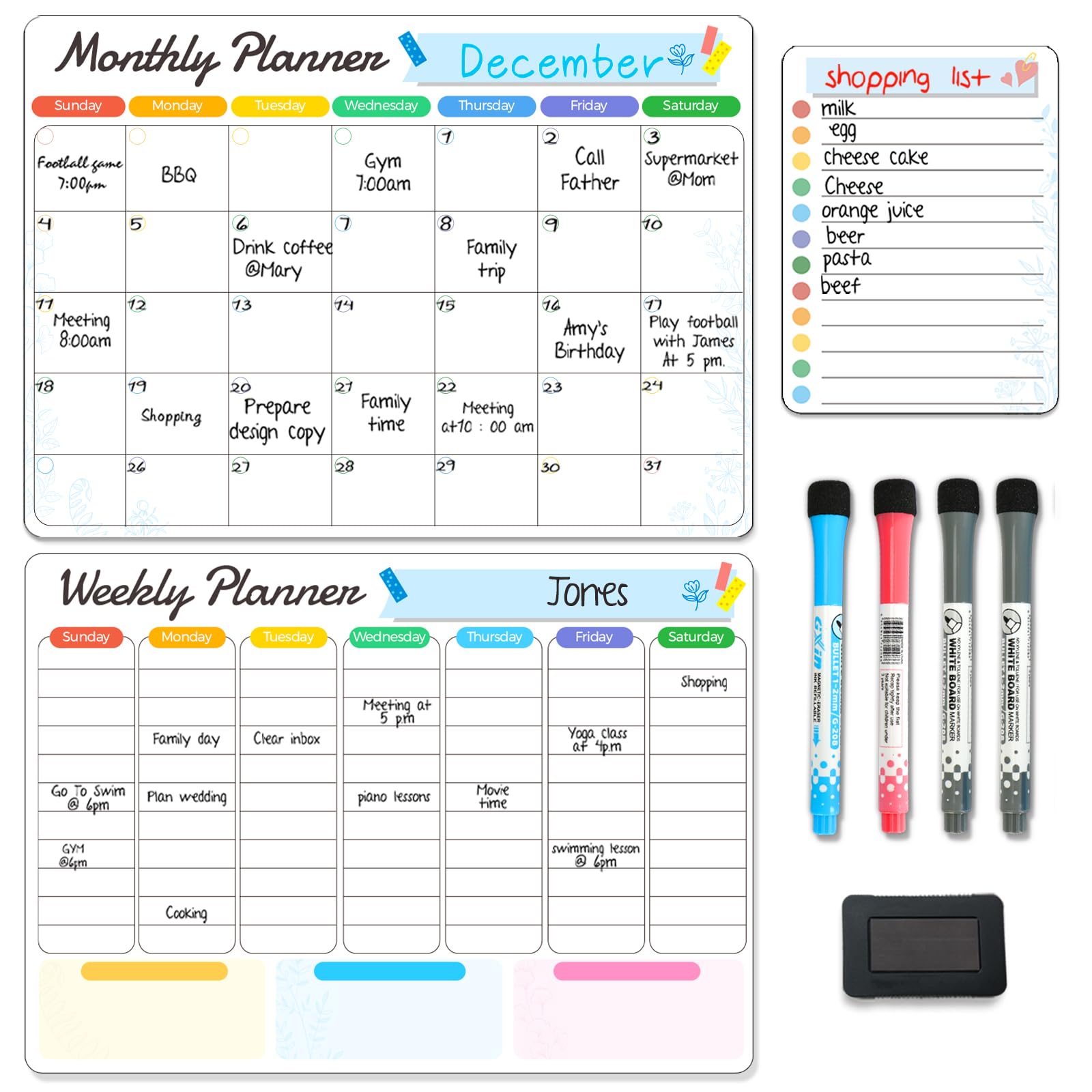 Sliandtelly Magnetic Whiteboard Planner for Fridge, 3pcs Monthly & Weekly Planner Board & Note-Pad - Dry Erase Calendar Board for Home Kitchen as Family Reminder Memo Schedule, with 4 Markers & Eraser