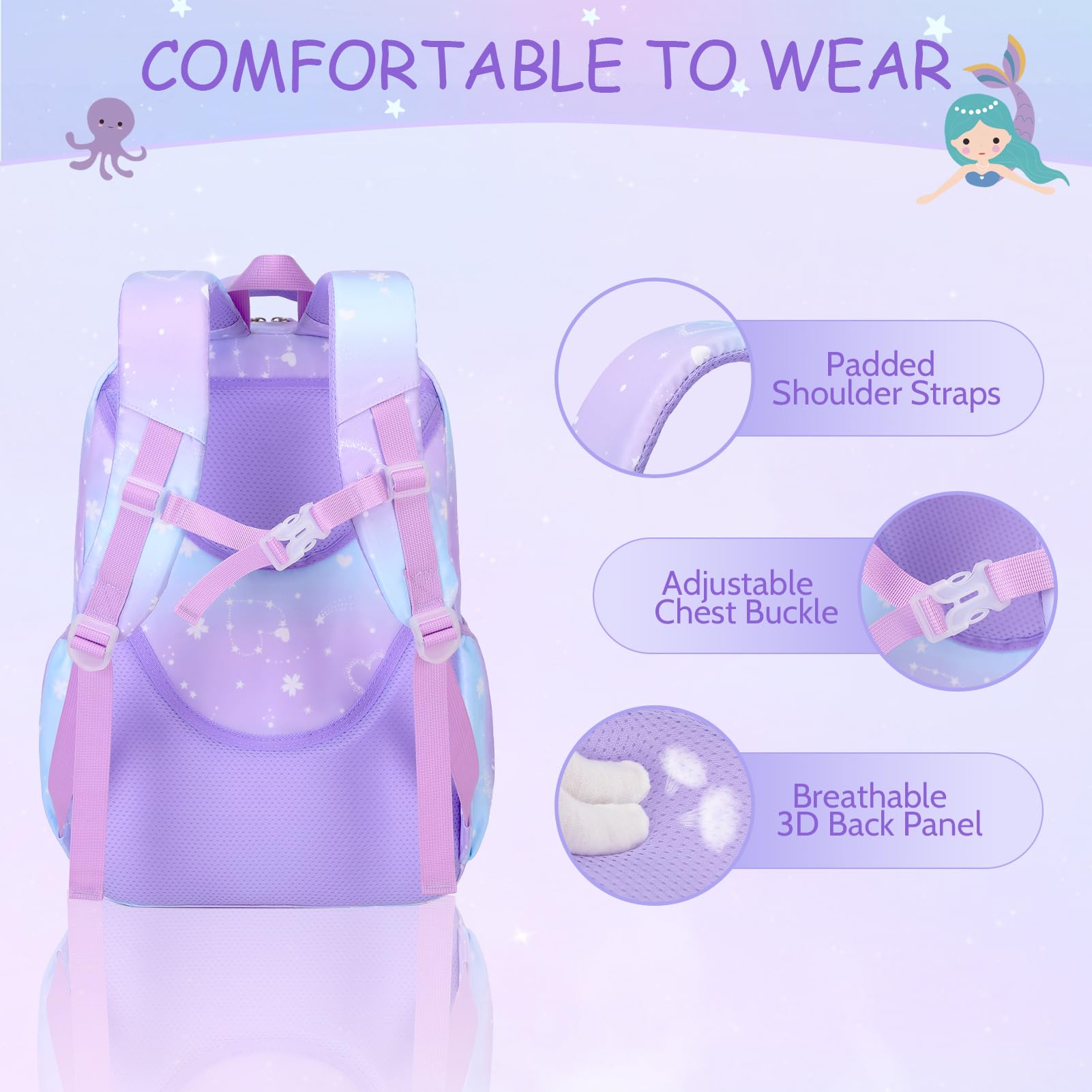 ACESAK Mermaids Bookbag Set for Teens, Middle School, with Water Bottle, Lunch Bag