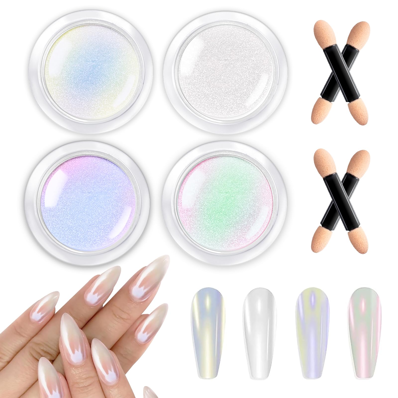 BISHENGYF White Pearl Aurora Ice Transparent Chrome Powder for Nails - 4 Boxes Metallic Mirror Effect Pigment Glazed Donut Chrome Glitter Powder