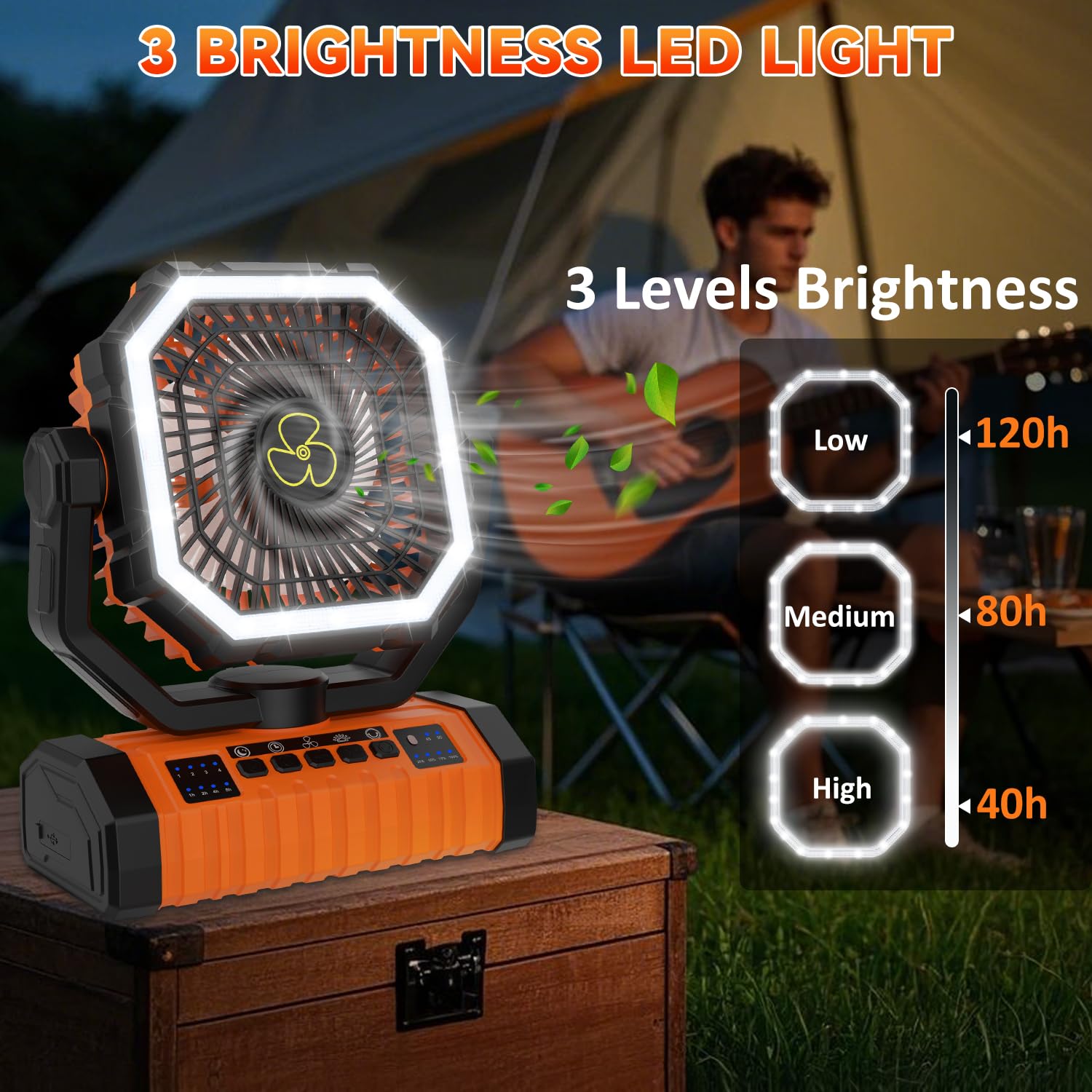 Camping Fan Rechargeable, 20000mAh Large Battery Powered Fan, 4 Speed Cordless Rechargeable Fans with Remote, Battery Operated Fans Portable with LED Light and Hanging Hook for Camp Tent Beach Outdoor