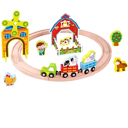 Pidoko Kids Wooden Farm Train Set 25 Pcs Beginner Set For Toddlers Boys And Girls Compatible With Thomas Trains And Tracks