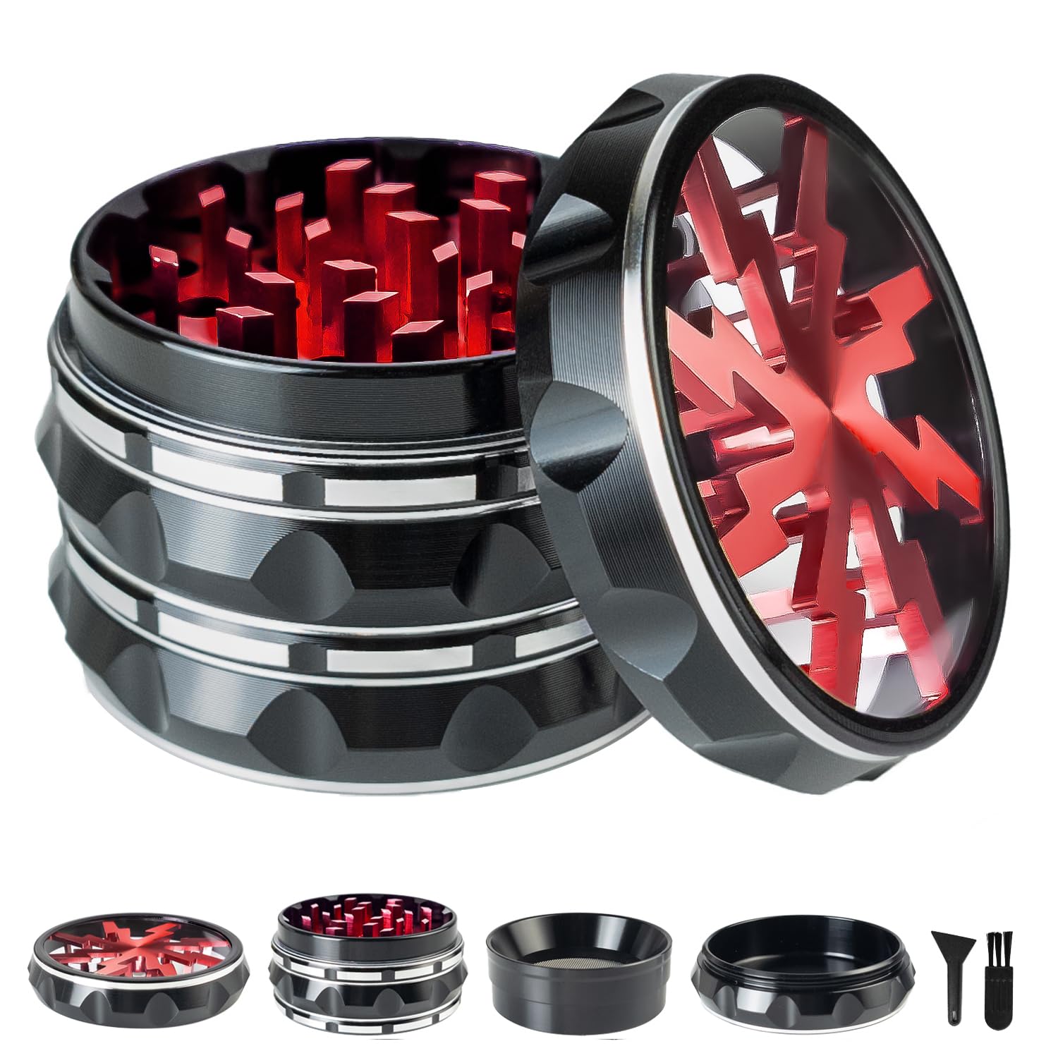ERZONY Aluminium Alloy Herb Grinder - 2.5" - 4 Piece - Black Red