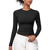 Hilor Women's Cotton Long Sleeve T Shirts Crew Neck Tight Fitted Baby Tee Basic Y2K Crop Top Going Out Tops