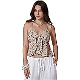 Floerns Women's Floral Print Ruffle Hem Camisole Tie Front Shirred Holiday Cami Top