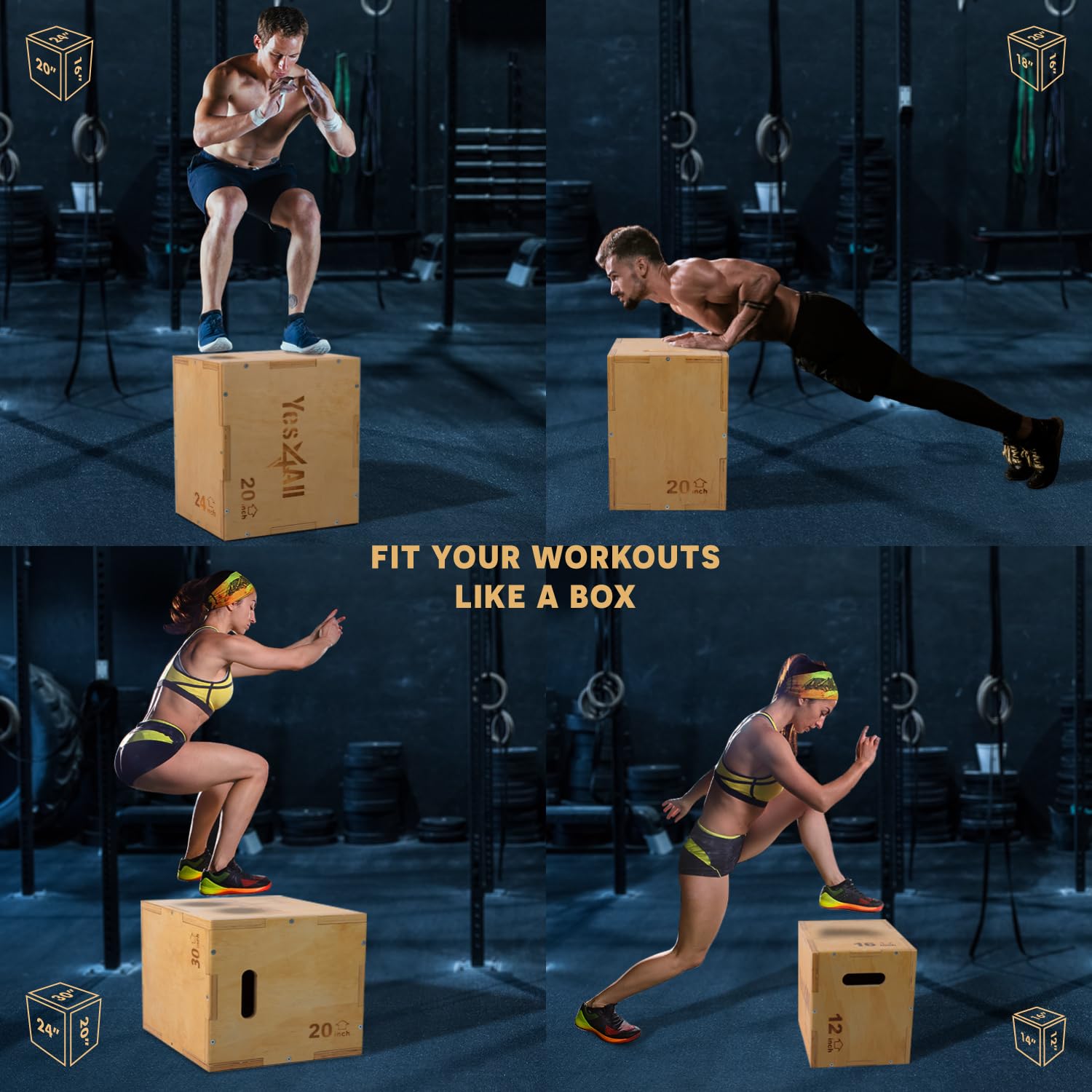 Yes4All Plyo Box, 3-in-1 Wooden Box Jumps for Home Gym (12/14/16 in), 450 lbs Boxes Step Up with Smooth Edges & Wide Built-in Handles for Jumping, Strength Training, Lunges, Squats, Dips