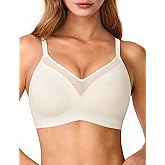 Lehoba V Neck Mesh Wireless Bras for Women, Seamless Push Up Bralette No Underwire Bra Comfortable Everyday