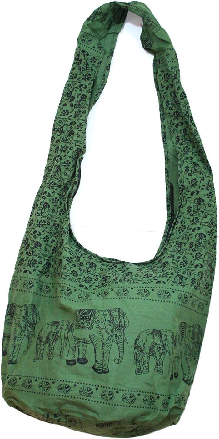 Elephant Sling Crossbody Bag Shoulder Bag Purse Thai Top Zip Handmade Green Color