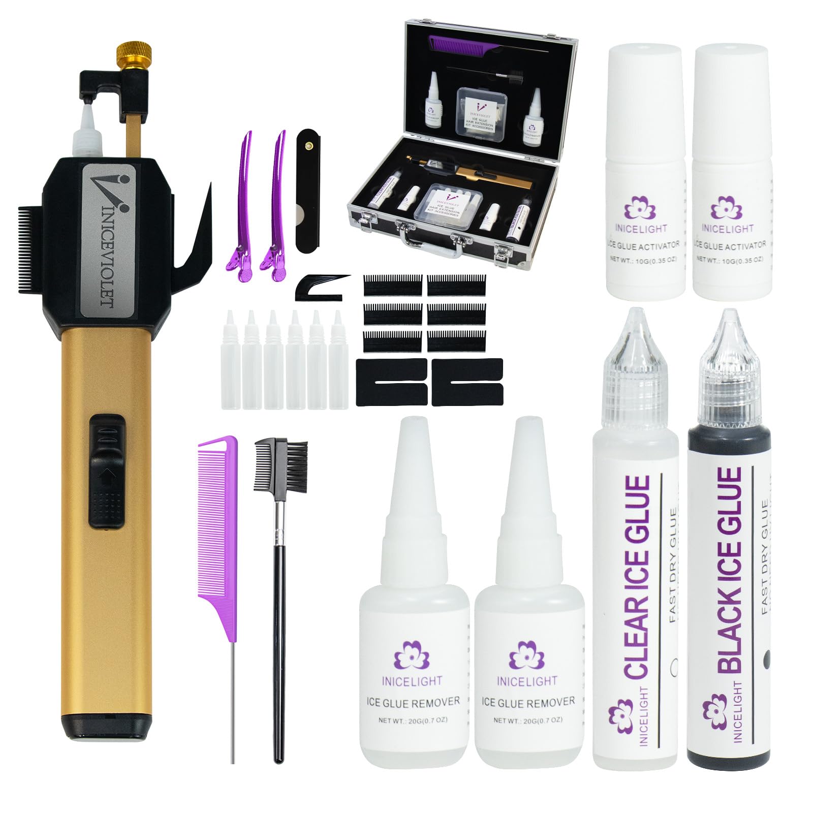 Photo 1 of UV Light Hair Extension Kit – Ice Glue Comb Line Machine, Cold Glue & Remover & Extra Fast Curing Agent, Professional Comb Line Human Hair Extensions kit Without V Light for Salon (Gold-Kit)