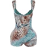 Milumia Women's Leopard Print Square Neck Romper Y2k Lace Trim Sleeveless Shorts Jumpsuits Unitards
