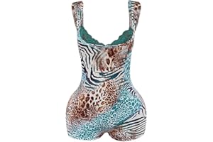 Milumia Women's Leopard Print Square Neck Romper Y2k Lace Trim Sleeveless Shorts Jumpsuits Unitards
