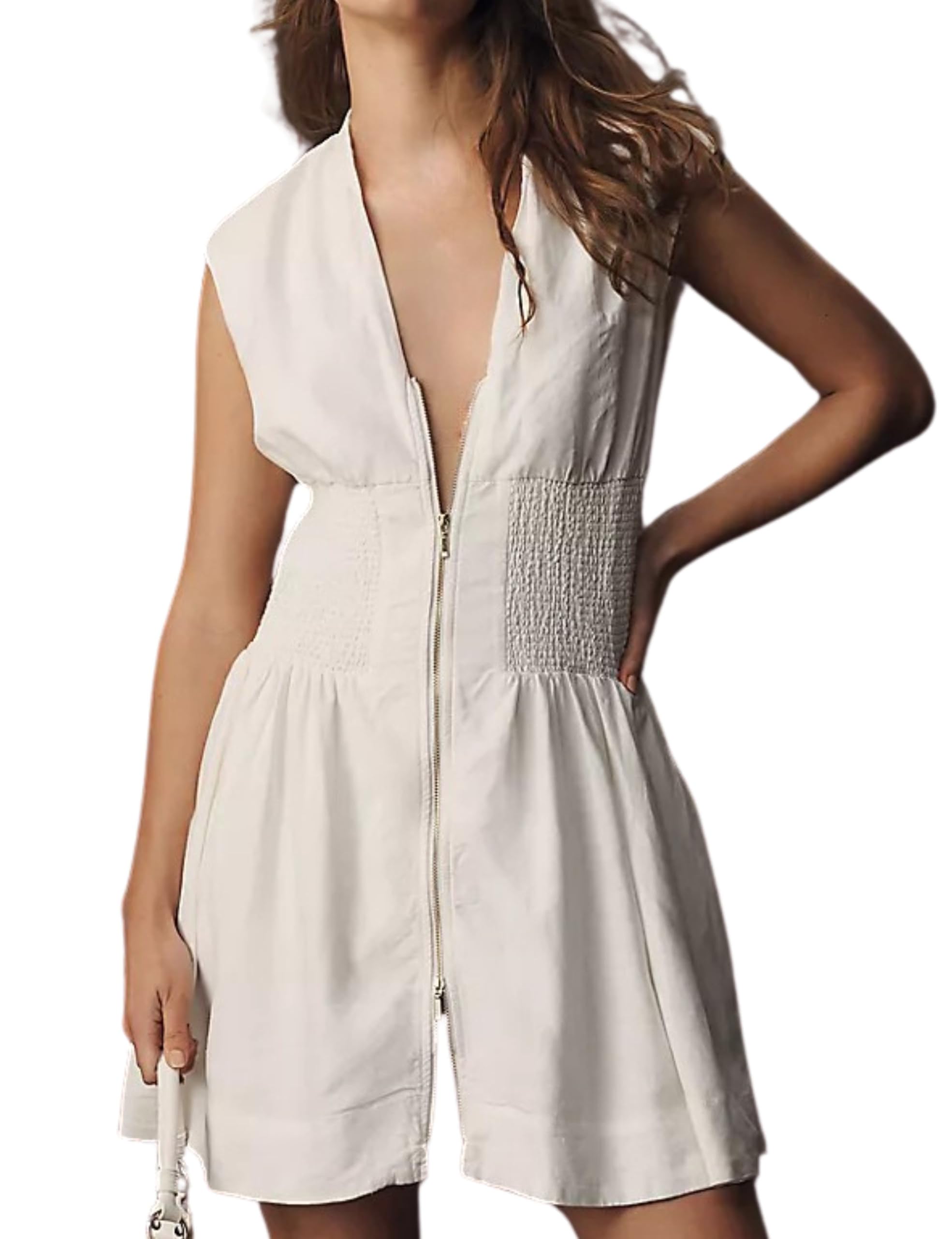Photo 1 of Meyhad Women’s V Neck Summer Dress Cap Sleeve Zipper Mini Dress Smocked Slit Dress with Pockets(0968-White-S)