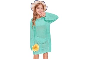 Batermoon Girls Crochet Long Sleeve Swimsuit Cover Up Kids Fashion Hollow Out Swimwear Beach Dress 5-14 Years