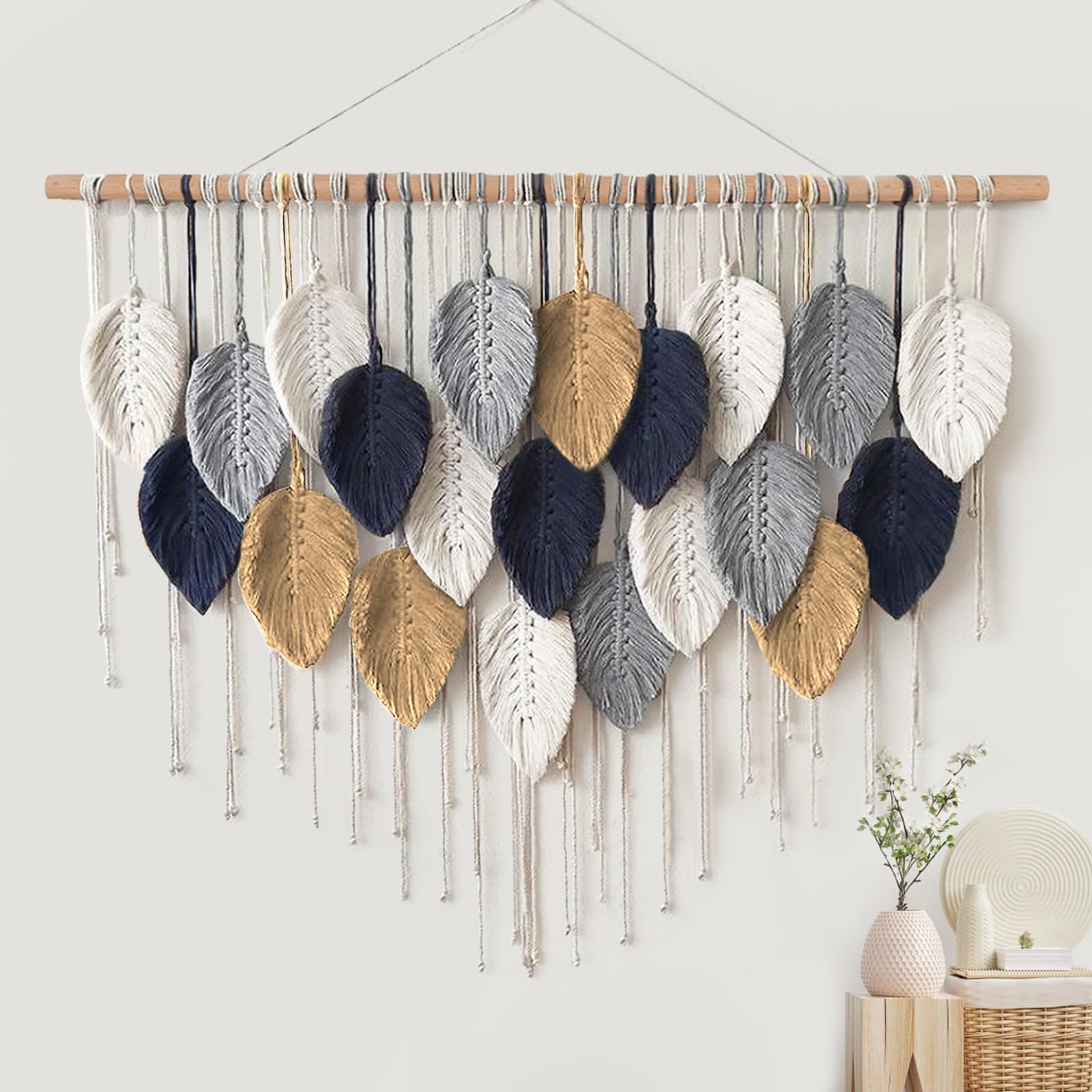 Weldomcor Macrame Wall Hanging Large Tapestry Woven Wall Hanging Boho Macrame Leaf Wall Decoration Feather Chic Woven Art for Bedroom Living Room Decoration(C)