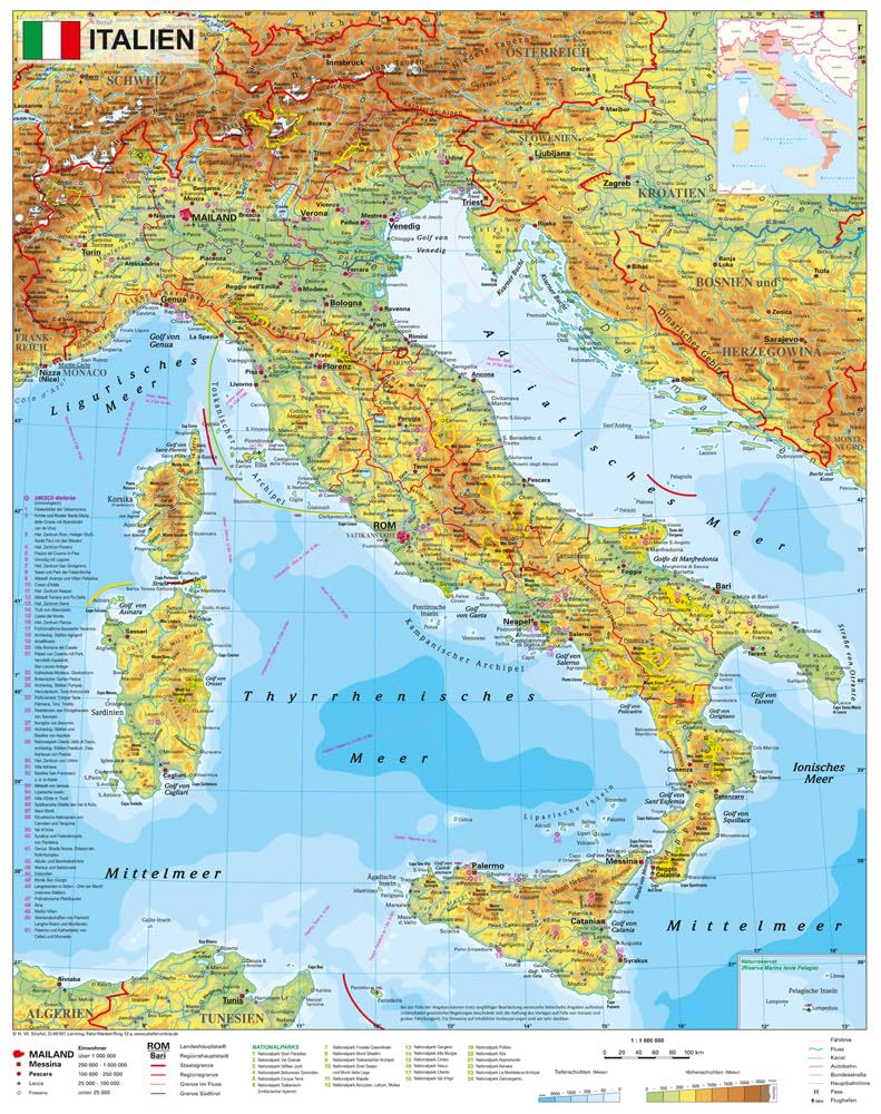 Italien physisch 1 : 1.600 000: Wandkarte / Poster