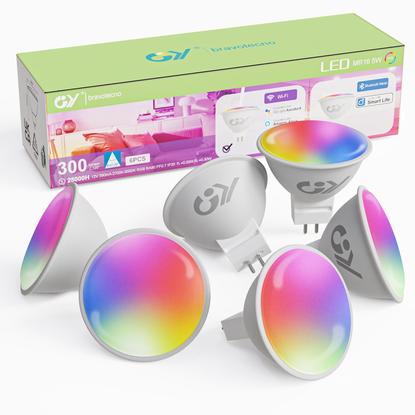 GY MR16 Smart LED Bulb,5W 300lm GU5.3 WiFi LED Light Bulb,Compatible with Alexa/Google Home 12V 2.4 GHz WLAN,Dimmable Warm White Cold White and Multicolour Bulb, Control by APP, 6 PCS