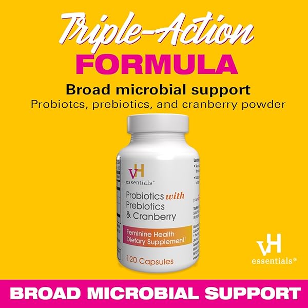 VH ESSENTIALS PROBIOTICS FOR WOMEN WITH PREBIOTICS, CRANBERRY & VITAMIN C – 120 CAPSULES (60 DAY SUPPLY) -PROBIOTICS SUPPORT GUT BALANCE, HEALTH & URINARY TRACT HEALTH FOR WOMEN