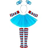Snwquik 4 Pcs Halloween Costume Accessories for Girls,Blue Tutu Skirt/Ponytail Headband/Striped Socks/Stretchy Gloves Dress UP